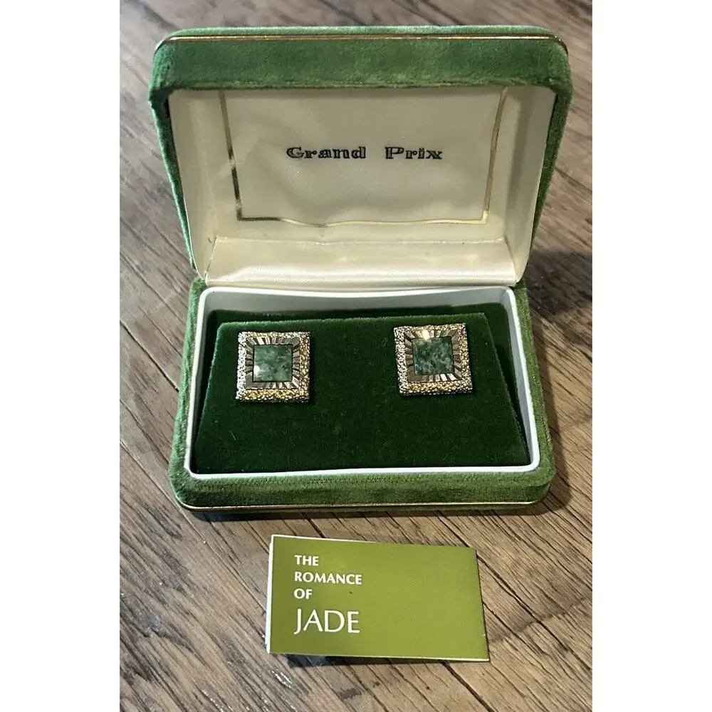 Vintage Grand Prix Swank Jade Cufflinks Gold Tone w Box & Romance of Jade